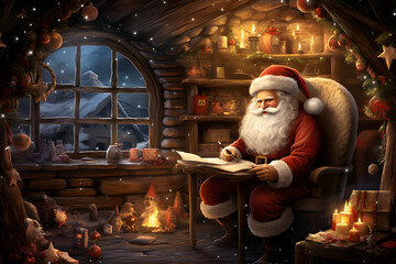 Papa Noel en su casa llena de regalos leyendo las cartas de los regalos 