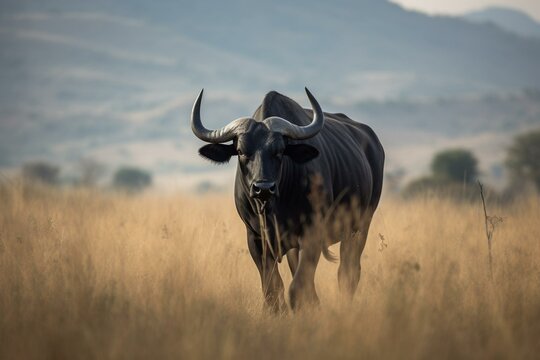 An impressive bull roaming freely in a vast field. Generative AI