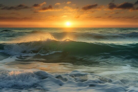 a beautiful scene of the sun rising over the ocean with gentle waves. Generative AI