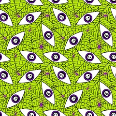 Cartoon magic evil eyes with web seamless Halloween pattern for wrapping paper and fabrics and linens