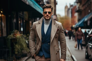 Fototapeta na wymiar Content chic man in timeless style by the city