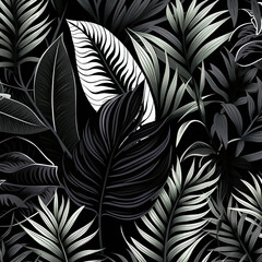 seamless floral pattern with leaves on black background created with Generative Ai