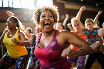 A group of diverse middle-aged women enjoying a joyful dance or gym class. Openly expressing their active lifestyle through dance or other dances with friends