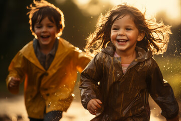 Group of children caucasian preschool age kids in yellow raincoat holding hands and running on park street after raining full of happiness and joy