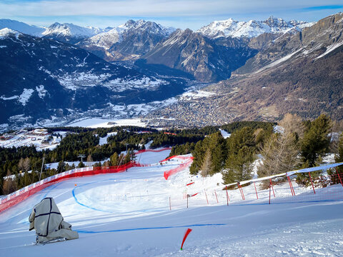 Bormio, Italy - December 27, 2022: Scenic view from the start of Pista Stelvio Ski World Cup downhill against blue sky with clouds