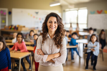 Portrait of smiling woman teacher in a class at elementary school looking at camera with learning students on background - obrazy, fototapety, plakaty