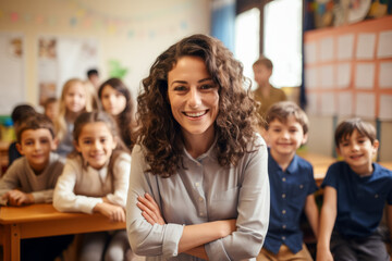 Portrait of smiling woman teacher in a class at elementary school looking at camera with learning students on background