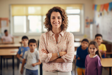Portrait of smiling woman teacher in a class at elementary school looking at camera with learning students on background