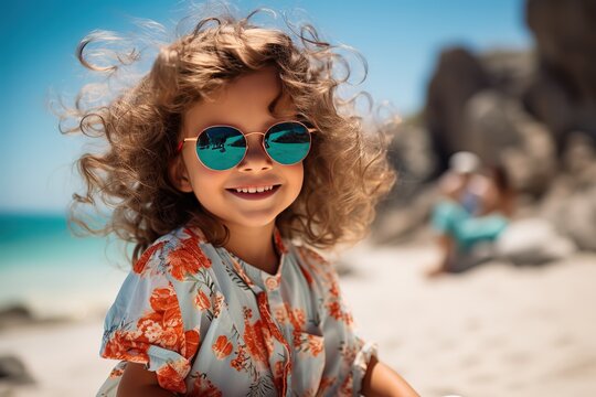 Cute little girl in sunglasses on beach