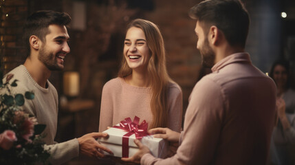 Couple receiving a surprise gift from friends generative ai - obrazy, fototapety, plakaty