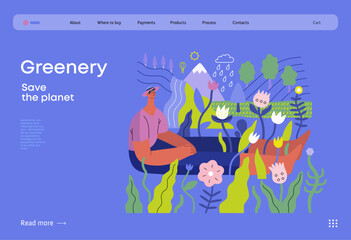 Greenery, ecology -modern flat vector concept illustration of a man sitting in the landscape with river and waterfall. Metaphor of environmental sustainability and protection, closeness to nature