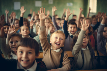 A group of diverse students eagerly raise their hands in a classroom ready for a new school year - obrazy, fototapety, plakaty