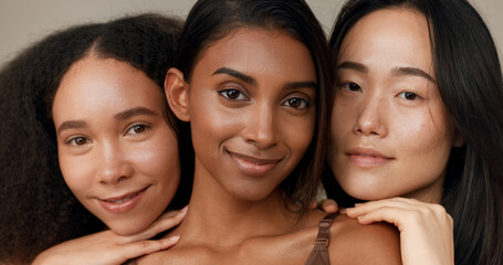 Women, face and natural beauty, diversity and wellness, dermatology and friends isolated on studio background. Unique skin, cosmetic care and inclusion with skincare, smile and antiaging treatment - obrazy, fototapety, plakaty