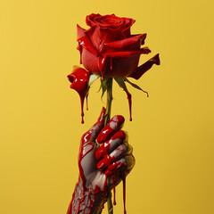 Bloody hand holding a red rose, yellow background
