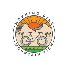 morning mountain biking badge vector illustration. mountain and bicycle monoline or line art style. design can be for t-shirts, sticker, printing needs