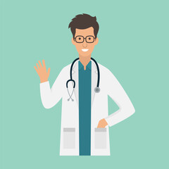 friendly young male doctor flat design vector illustration