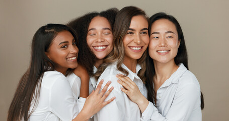 Women, group skincare and beauty with love, hug and support in diversity and inclusion on brown...