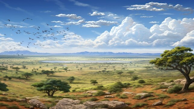 aerial panorama capture of a vast savannah with wandering wildlife on the plains generative ai