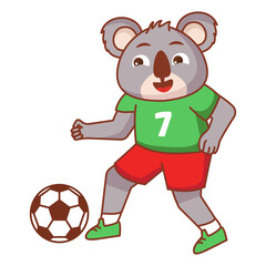 A koala bear football game. Score a goal. Draw paths for the ball. Cute animal Soccer player.Isolated on white background.Character cartoon vector illustration.