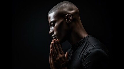 Black man praying to god, believing male expresses his faith, portrait on black background with copy space, ai generated