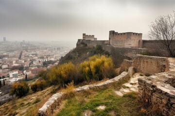 Fototapeta na wymiar Panoramic urban landscape with ancient fortress. Generative AI