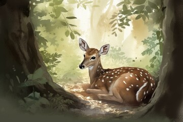illustration of a young deer resting under a large tree. Generative AI