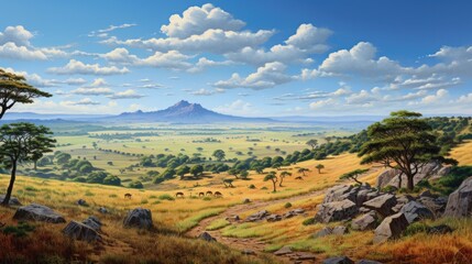 aerial panorama capture of a vast savannah with wandering wildlife on the plains generative ai