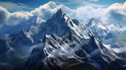 Fototapeta premium capturing the aerial panorama of a rugged mountain range with snow-capped peaks generative ai
