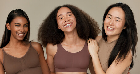 Diversity, underwear and portrait of women friends in studio for beauty, inclusion or wellness....
