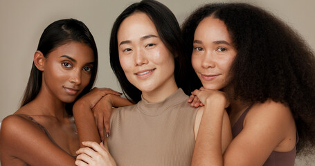 Diversity, beauty and women, face and skincare with wellness, dermatology and glow on studio...