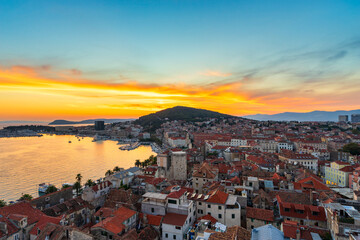 Aerial view of Split old town at sunset, Dalmatia, Croatia