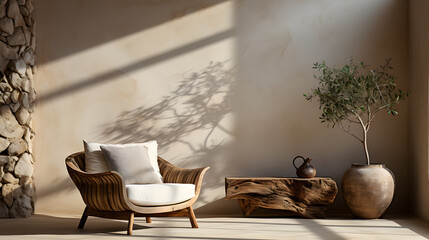 Fabric lounge chair and wood stump side table against beige stucco wall with copy space. Rustic minimalist home interior design of modern living room