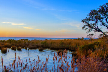 Sunset along the wetlands Boardwalk in Duck North Carolina - obrazy, fototapety, plakaty