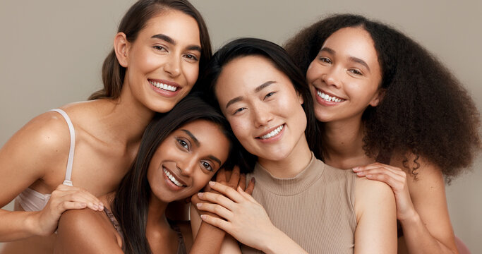 Women, Portrait And Beauty, Diversity And Happy With Wellness, Dermatology And Friends Isolated On Studio Background. Unique Skin, Natural Cosmetics And Inclusion With Skincare, Smile And Antiaging