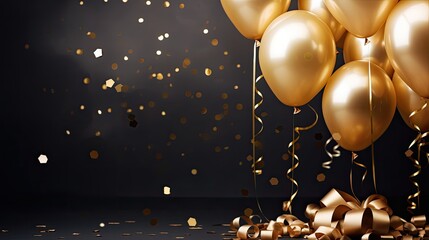 Party invitation card background with golden balloons, ai generated