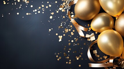 Party invitation card background with golden balloons, free copy space for text, ai generated