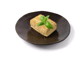 Tofu Cheese Isolated, Smoked Vegan Cheese Slice, Sliced Soya Bean Curd, Soy Protein or TSP