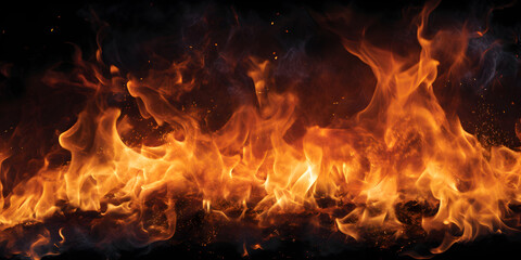 Fototapeta na wymiar Powerful fire on black background,, Burning Flames in the Night Generative Ai 