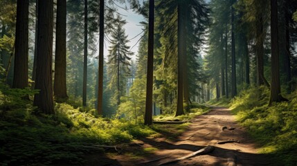 Fototapeta premium Capture of the serene aerial view from a forest trail with sunlight filtering through tall trees. generative ai