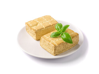 Tofu Cheese Isolated, Smoked Vegan Cheese Slice, Sliced Soya Bean Curd, Soy Protein or TSP