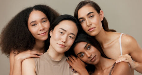 Diversity, beauty and women, portrait and cosmetics with wellness, dermatology and glow on studio...
