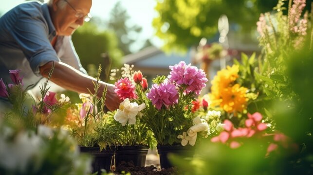 Capturing a tranquil scene of a middle-aged couple gardening together, surrounded by vibrant flowers symbolizing their blooming life after retirement.