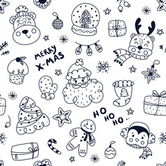 Christmas seamless background with Santa, reindeer, gingerbread, Christmas elements for decoration seamless pattern