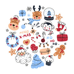 Christmas set with Santa, deer, gingerbread, Christmas elements for decoration, christmas doodle set, merry christmas doodle, christmas theme, christmas doodles, new year, santa claus, bear in hat