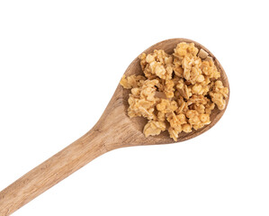 crunchy granola in wooden spoon isolated on white background with clipping path, top view, healthy...