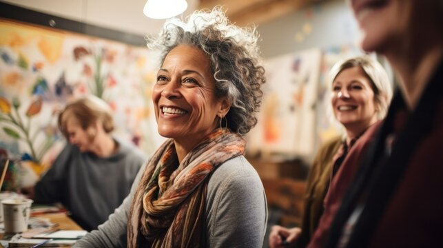 Focusing on a middle-aged woman, her face illuminated by the joy of creating art in a community class, surrounded by peers sharing her enthusiasm.