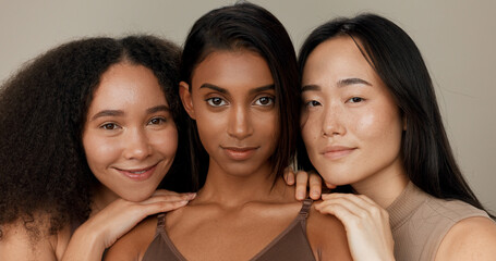 Women, underwear and beauty of diversity friends in studio for portrait, inclusion or wellness....