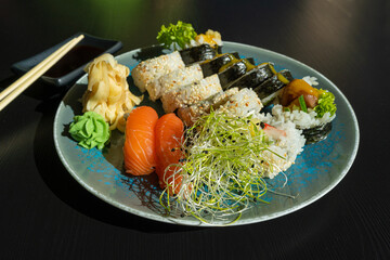 Sushi Plate, Fish Maki Rolls, Japan Seafood, Sushi Set, Asian Dinner, Tradition Nigiri Susi © ange1011