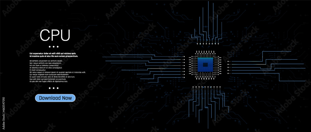 Poster futuristic microchip processor with lights on the blue background. quantum computer, large data proc