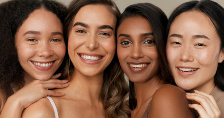 Natural beauty, skincare and diversity with women, dermatology and face isolated on studio...